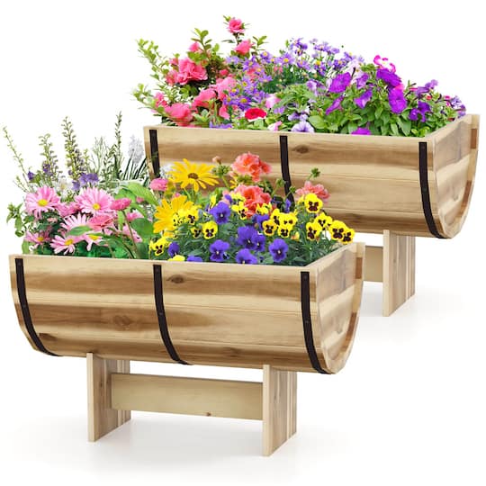 Costway 11.5" x 18" Solid Acacia Wood Half-Barrel Planter Box with Legs, 2ct.